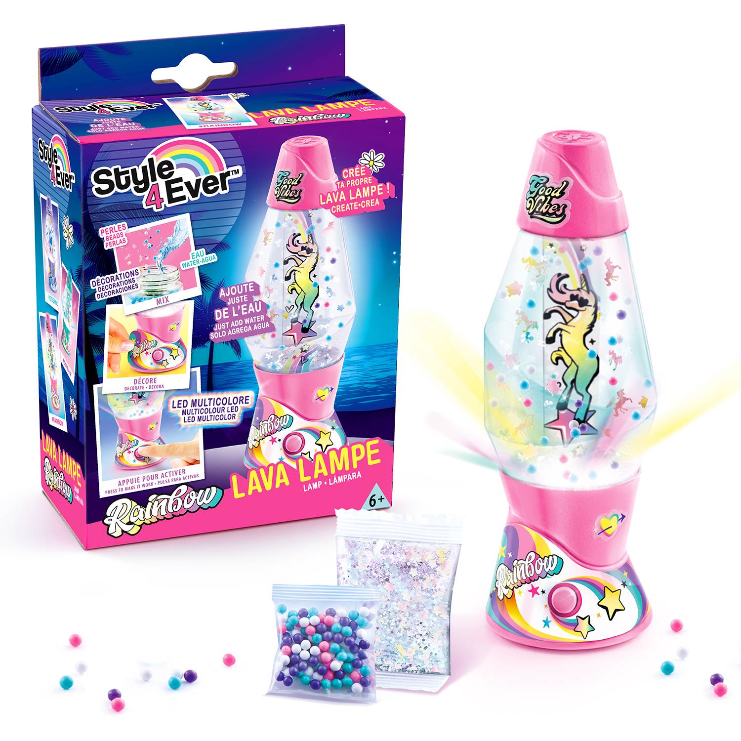 Regenbogen-Lavalatten-Bastelset mit rosa Lampe, Glitter, Perlen und verpackter Verpackung mit Etiketten „Style 4 Ever