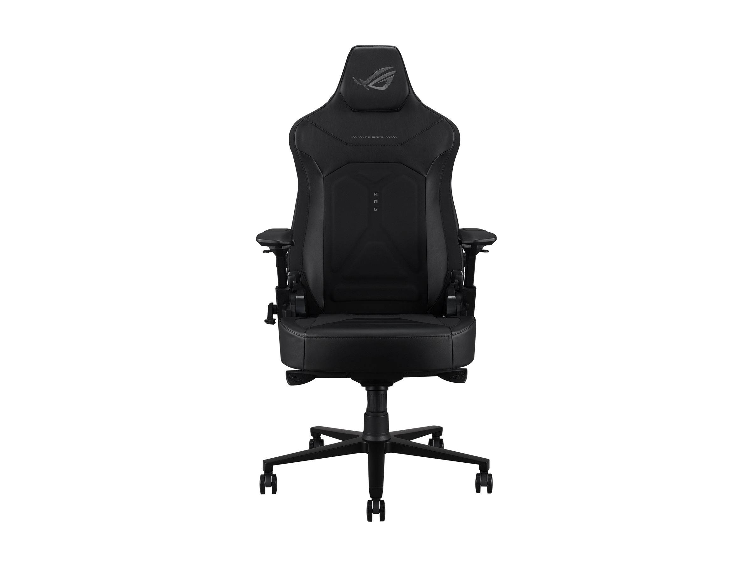 Schwarzer ergonomischer Gaming-Stuhl mit Kopfstütze, Armlehnen und fünfrädrigem Drehsockel, Frontansicht auf weißem Hintergrund.