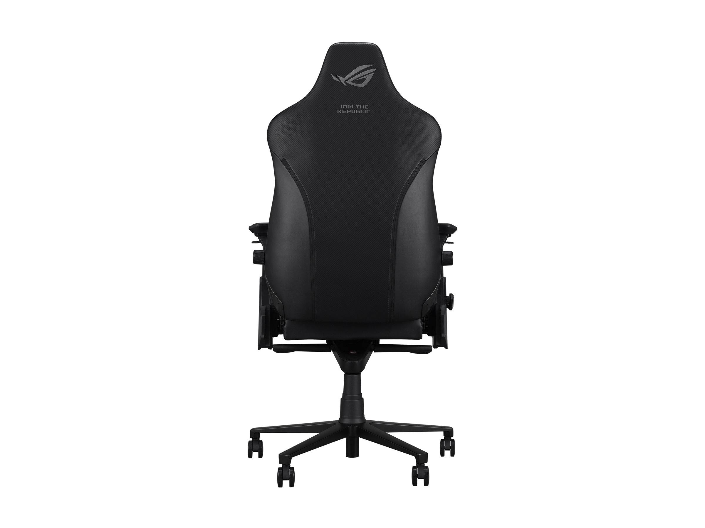 Rückansicht eines schwarzen ergonomischen Gaming-Stuhls mit fünfzackiger Rollenbasis und ASUS ROG-Logo auf der Kopfstütze.