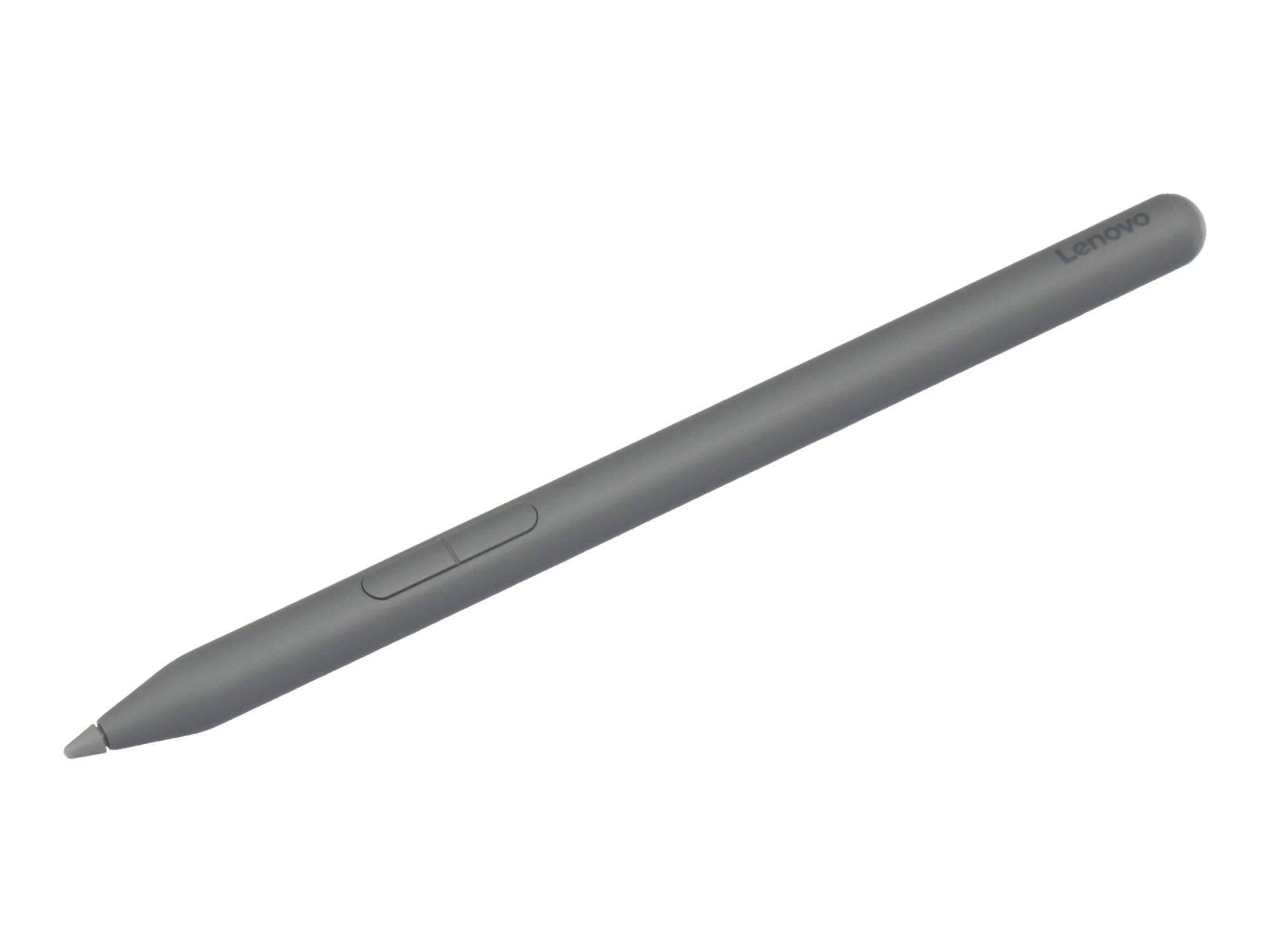 Grauer Lenovo-Stift schräg auf weißem Hintergrund angeordnet, mit spitzer Spitze und Seitentaste.
