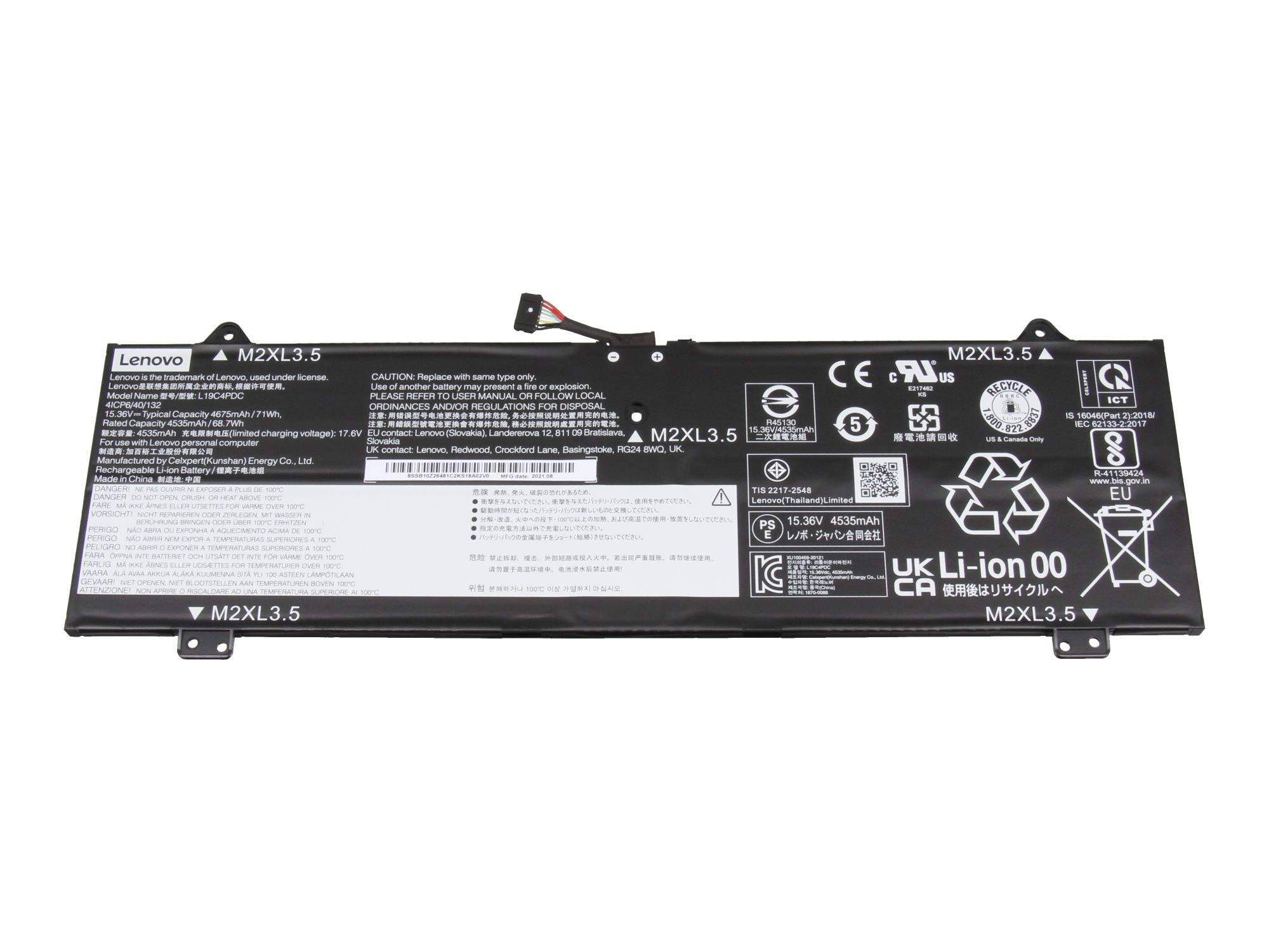 Lenovo Laptop-Akku mit Modell M2XL3.5 und Sicherheits-/Recycling-Symbolen auf einem schwarzen rechteckigen Etikett.