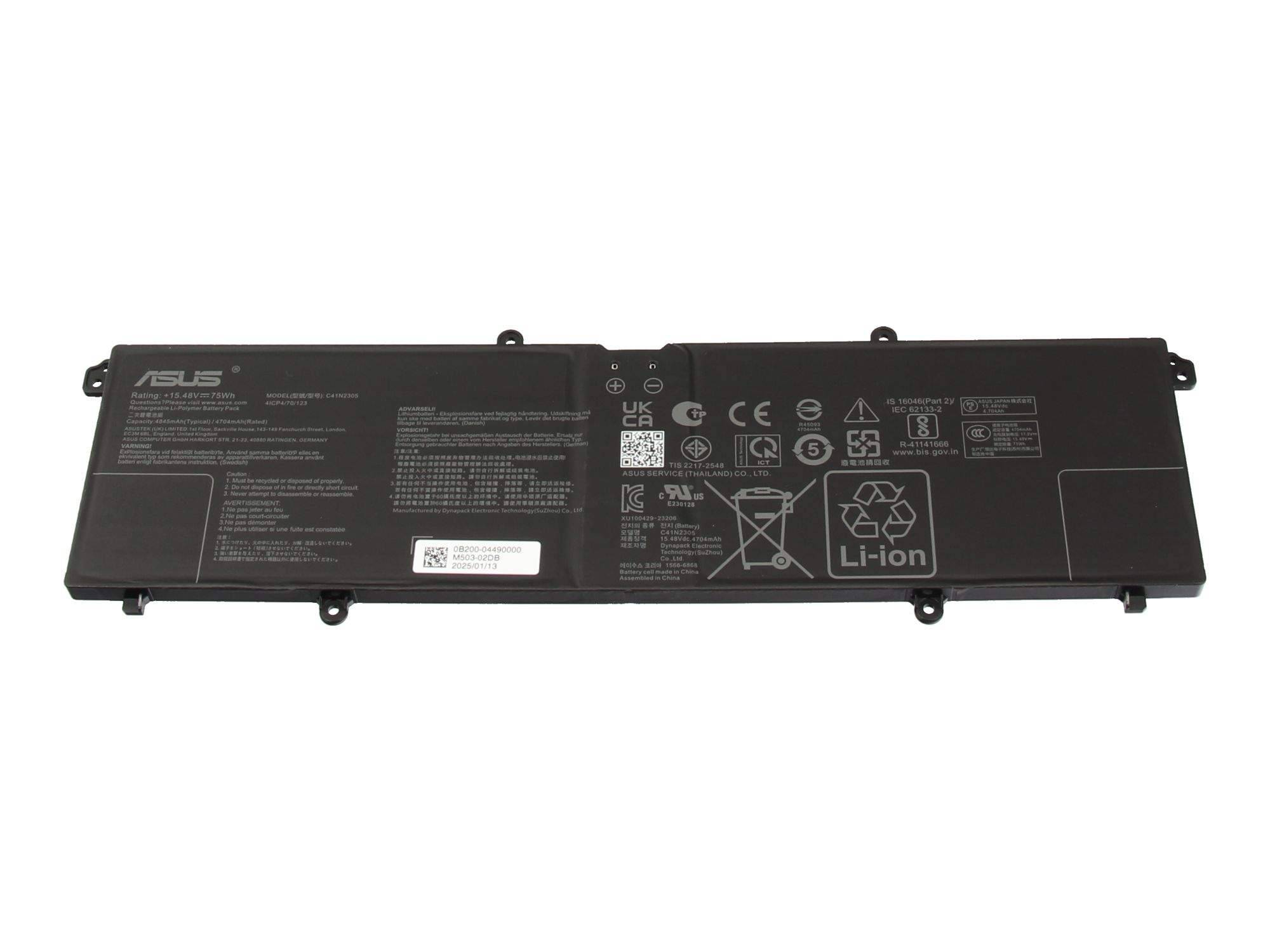 ASUS Lithium-Ionen-Laptop-Akkupack, schwarzer rechteckiger Ersatzakku mit gedruckten Sicherheitsetiketten und Anschlüssen.