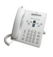 Weiß schnurgebundenes Bürotischtelefon mit Handset, Tastatur und Display auf einem Ständer.