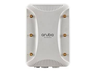 Vorderansicht eines weißen drahtlosen Zugangspunkts von Aruba Networks mit sechs Antennensteckern und Belüftungsschlitzen.