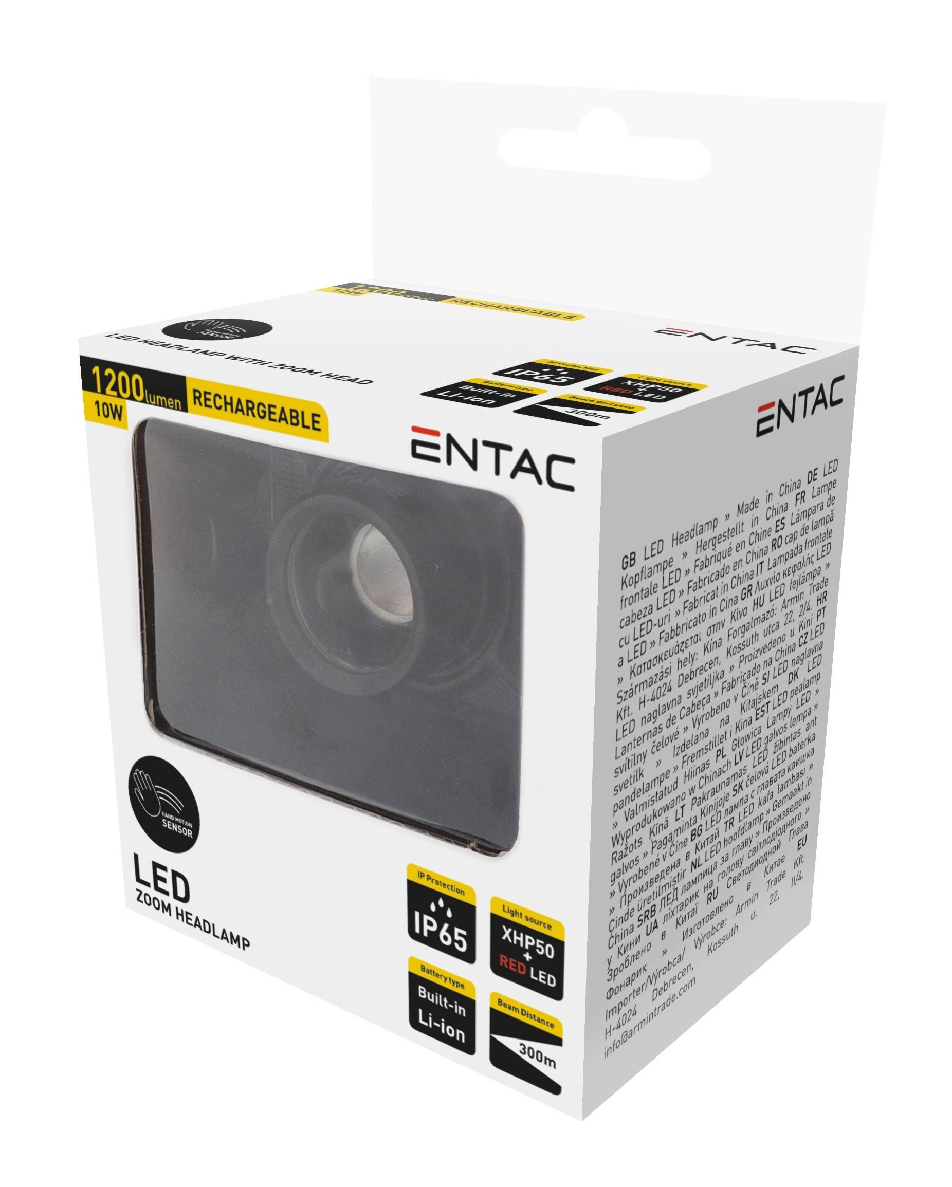 Verpackte ENTAC aufladbare LED-Zoomkopflampe, 1200 Lumen, IP65, mit XHP50-LED und integriertem Lithium-Ionen-Akku auf der Verpackung abgebildet.