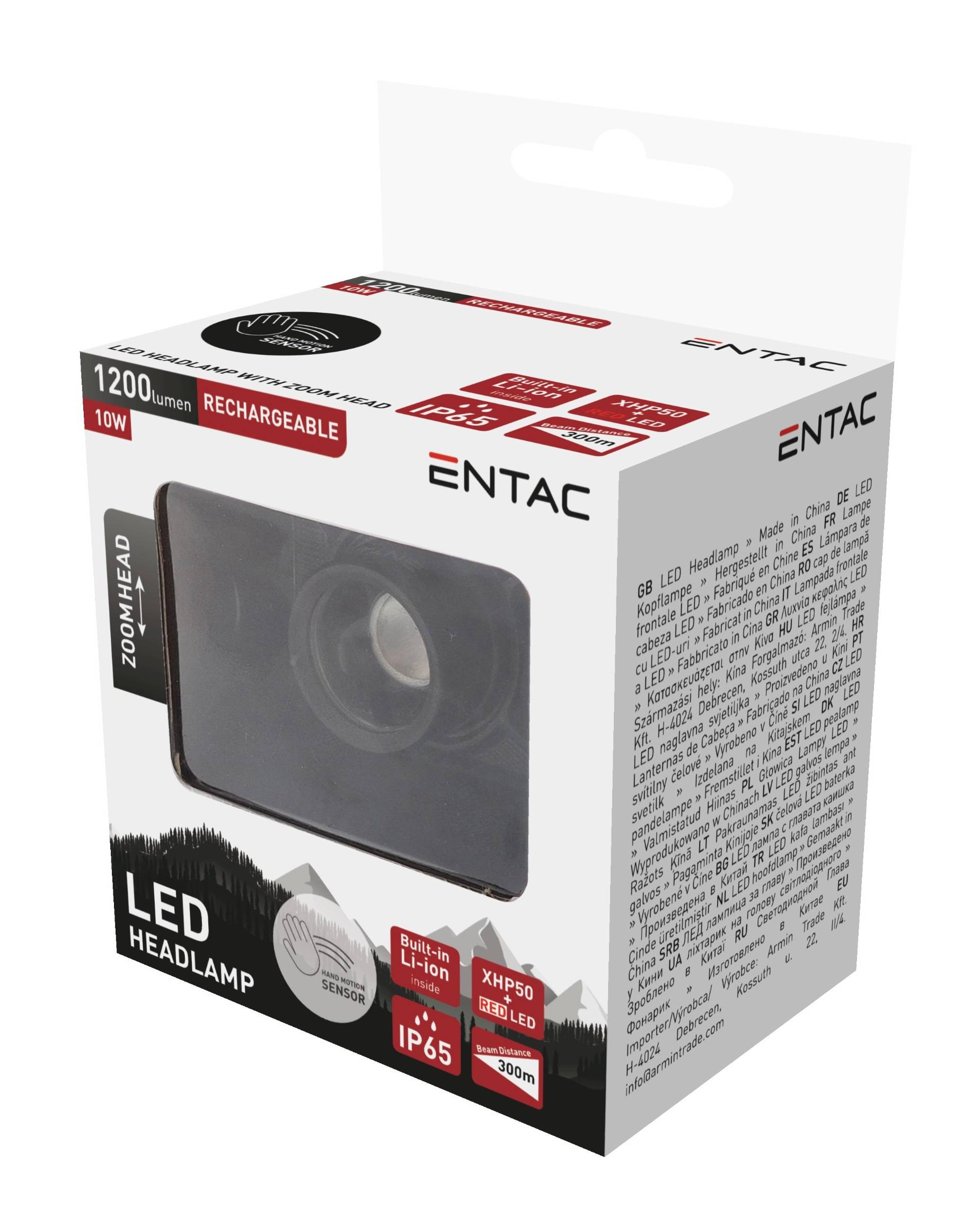 ENTAC wiederaufladbarer LED-Kopflampe Verpackung mit 1200 Lumen, IP65-Schutzart, Zoomkopf und integriertem Li-Ionen-Akku.