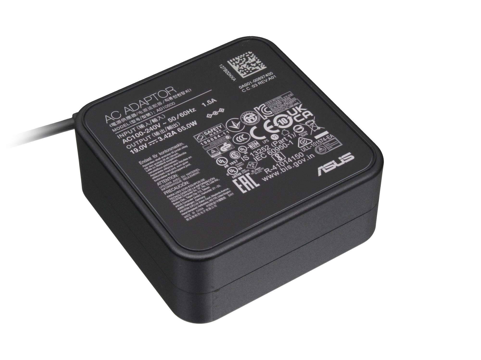 Schwarzes ASUS Netzteil/Stromversorgungsadapter mit angeschlossenem Kabel, gekennzeichnet für 100-240V Eingang und 19V Ausgang.