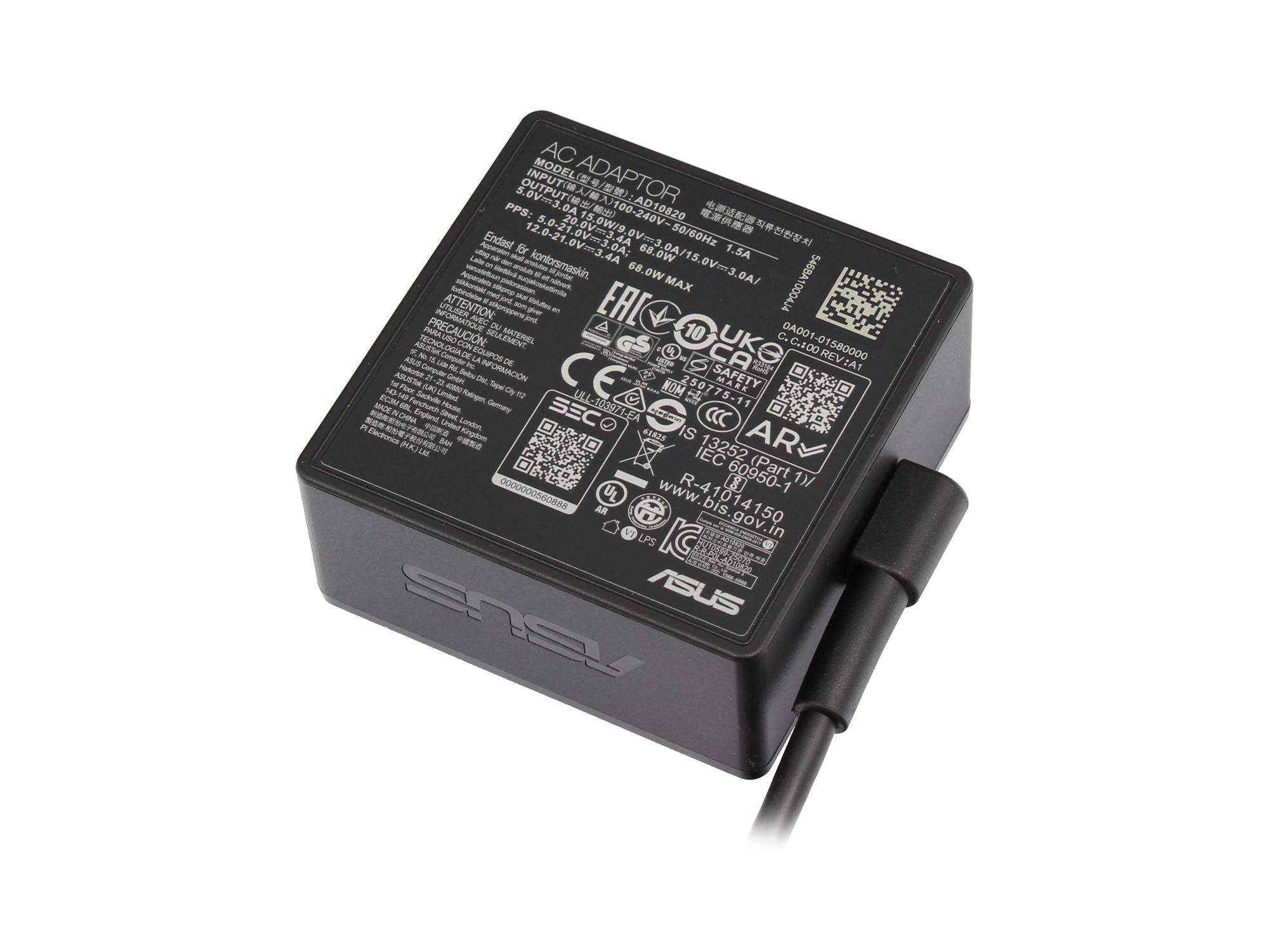 Schwarzer ASUS AC-Adapter-Stromversorgungsbaustein mit angeschlossenem Kabel, auf weißem Hintergrund dargestellt.