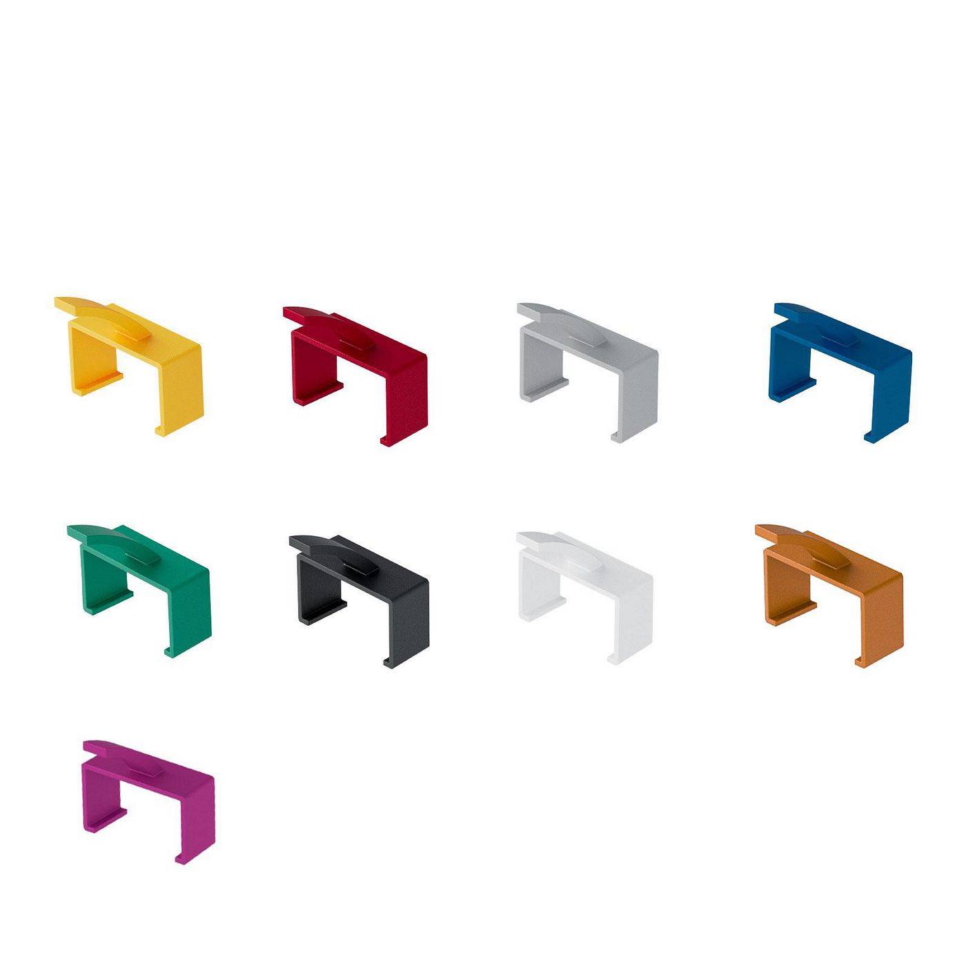Acht farbige Kunststoffklammer-Clips auf weißem Hintergrund in einem Raster angeordnet: gelb, rot, grau, blau, grün, schwarz, weiß, orange und lila.