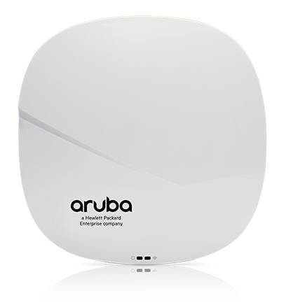 Weißer Aruba-Wireless-Access-Point mit Logo auf der Vorderseite, gezeigt auf neutralem Hintergrund.