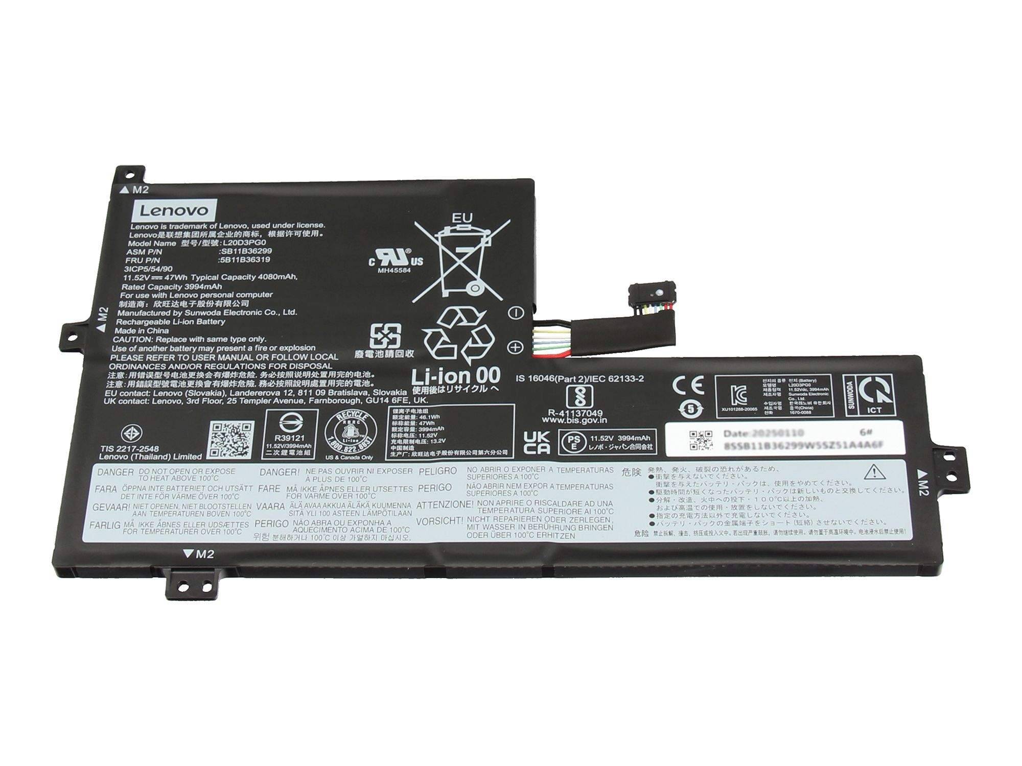 Lenovo Laptop-Akku mit Etikett und Stecker, auf weißem Hintergrund dargestellt.