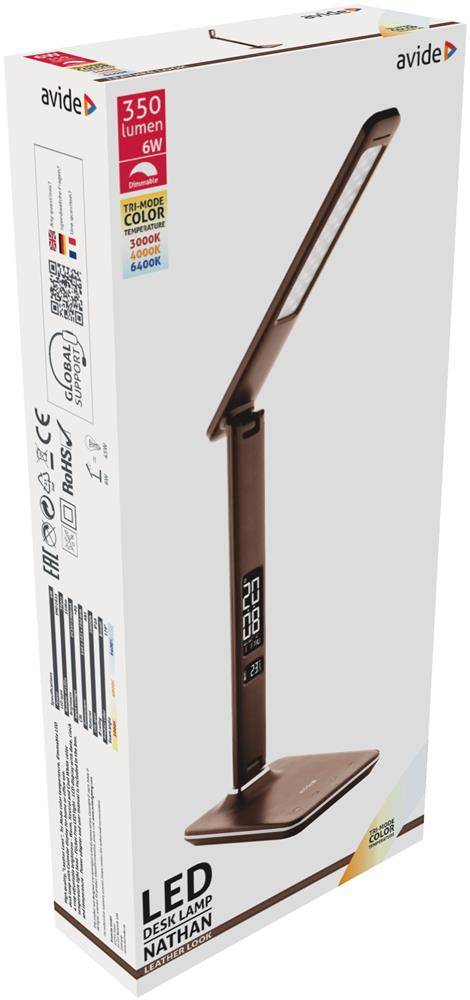 Produktbox für eine Avide LED-Schreibtischlampe, die eine braune verstellbare Lampe mit digitalem Display, 350 Lumen, 6W und Farbtemperaturoptionen zeigt.