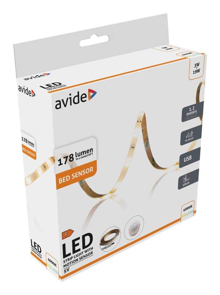 Schachtel mit Avide LED-Streifen mit Bewegungsmelder, 178 Lumen, USB-betrieben, 1,2 Meter, auf weißer Verpackung gezeigt.