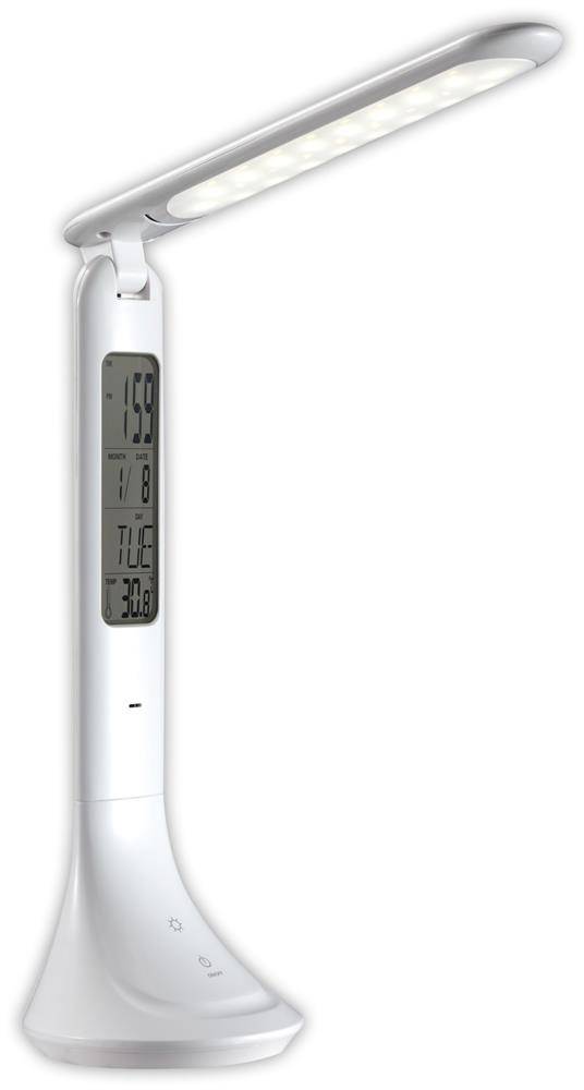 Weiße LED-Schreibtischleuchte mit integriertem digitalen Display, das Zeit, Temperatur und Weckereinstellungen auf dem Sockel anzeigt.
