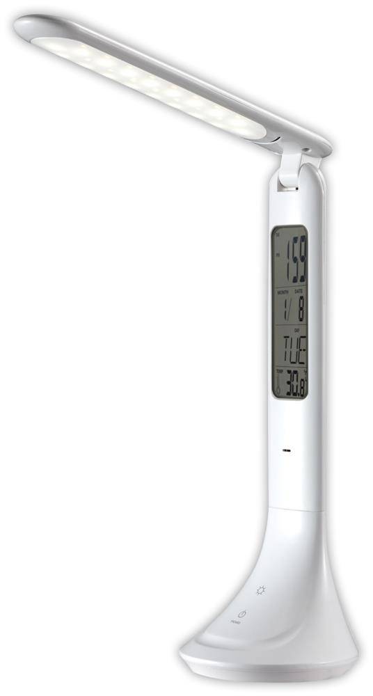 Eine weiße LED-Schreibtischleuchte mit digitaler Anzeige am Schaft, die Uhrzeit, Datum und Temperatur anzeigt.