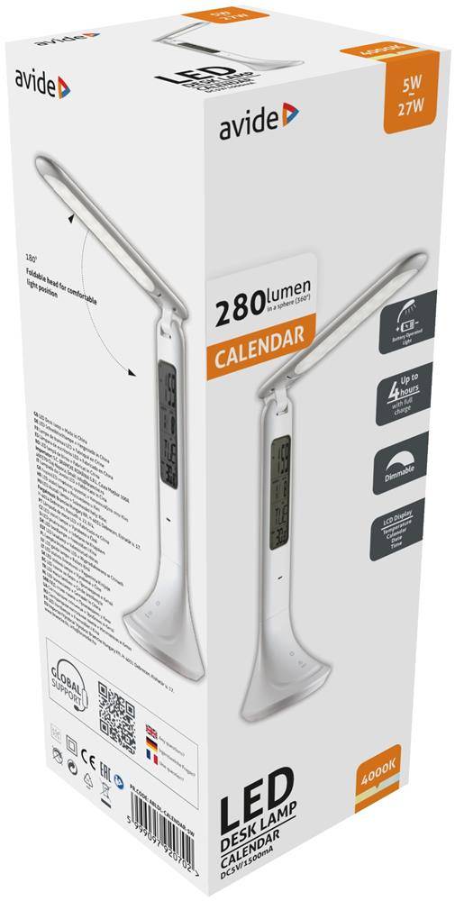 Produktbox für eine Avide LED-Schreibtischleuchte mit Kalenderanzeige, gekennzeichnet mit 280 Lumen, 5W/27W und 4000K.