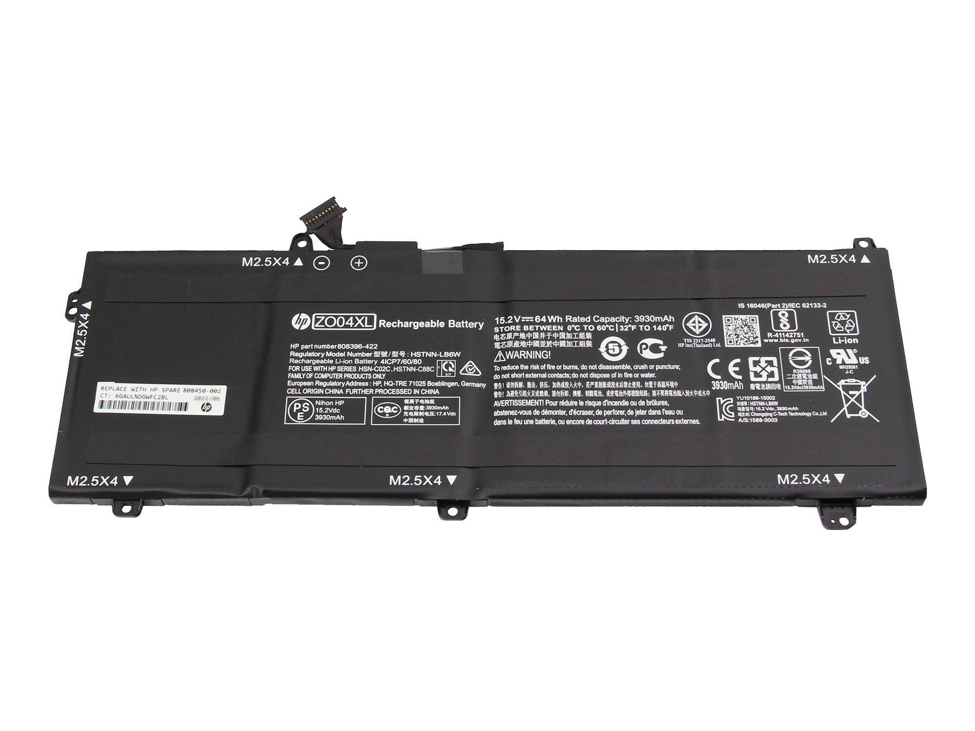 Schwarzer ZQ04X wiederaufladbarer Laptop-Akku auf weißem Hintergrund dargestellt, mit sichtbarem Anschluss und gedruckten Spezifikationen.