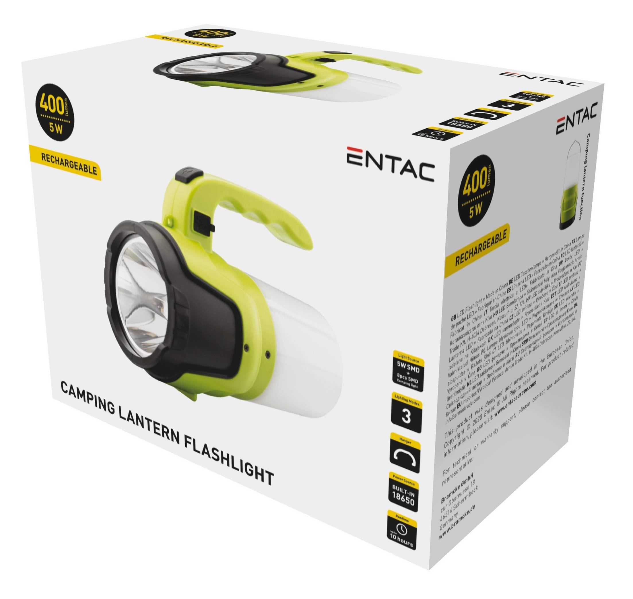 Schachtelverpackung für eine ENTAC wiederaufladbare Camping-Laterne Taschenlampe, gekennzeichnet mit „400 5W", mit Produktfoto und Funktionssymbolen.