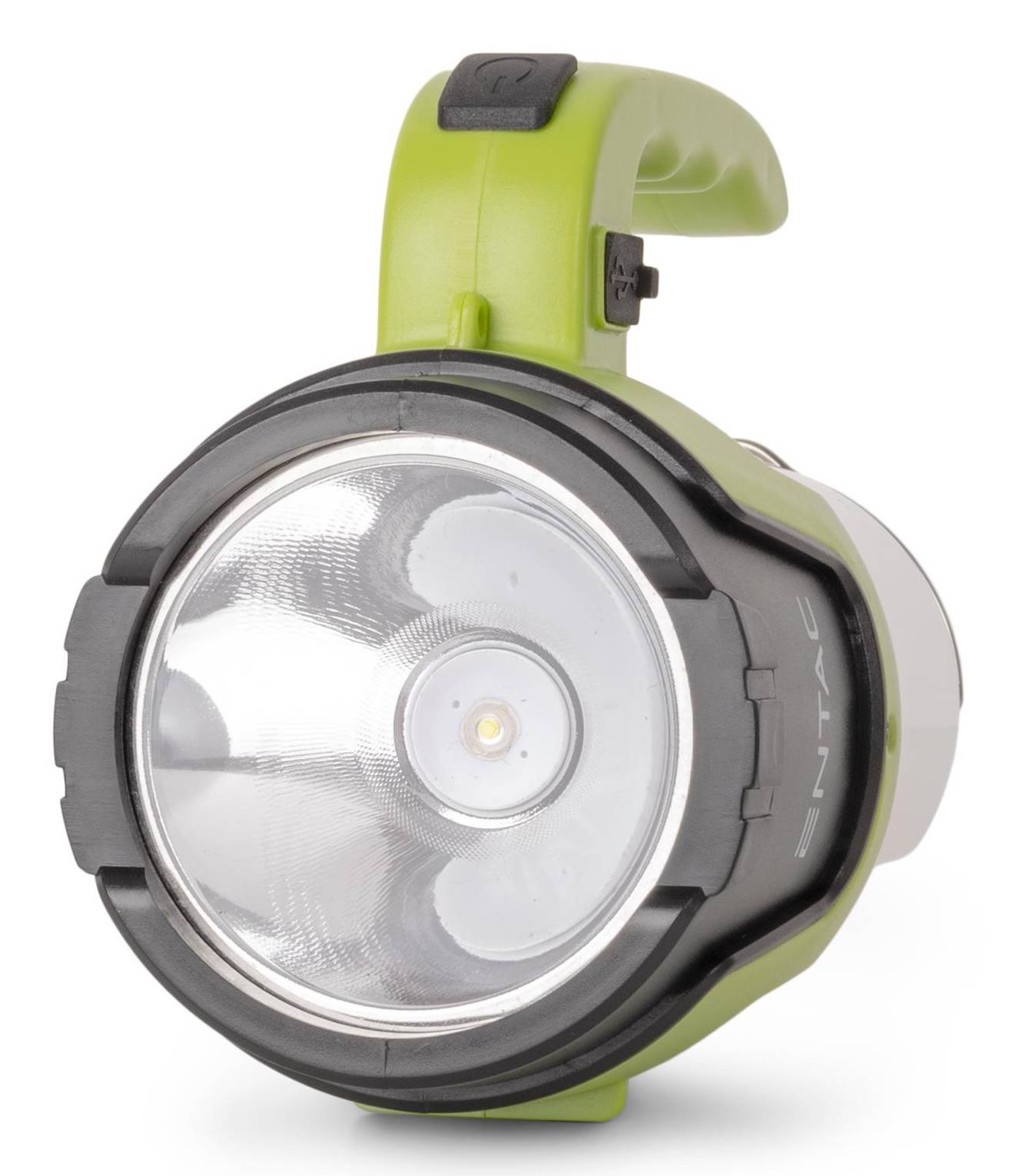 Nahaufnahme einer grün-schwarzen tragbaren Taschenlampe mit großer kreisförmiger LED-Linse und oberer Hakhenschlaufe auf weißem Hintergrund.