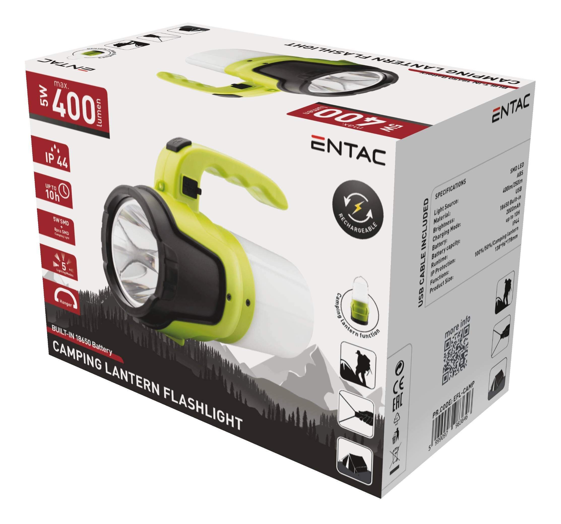 Produktbox für eine ENTAG-Campinglaterne-Taschenlampe, die eine grün-schwarze tragbare Laterne mit 400 Lumen, IP44-Schutzart und wiederaufladbarem Akku zeigt.