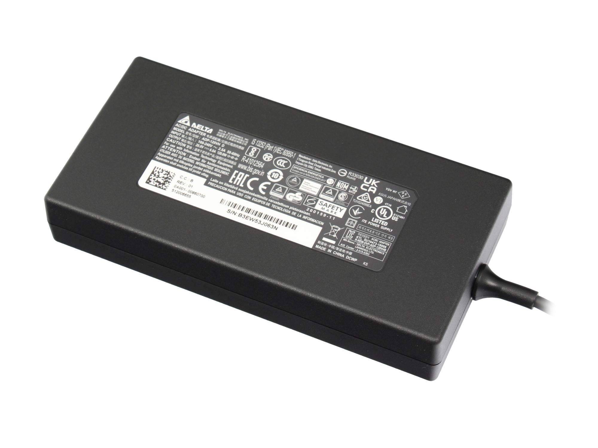 Schwarzer rechteckiger Netzadapter mit angeschlossenem Kabel und Produktetikett auf weißem Hintergrund.