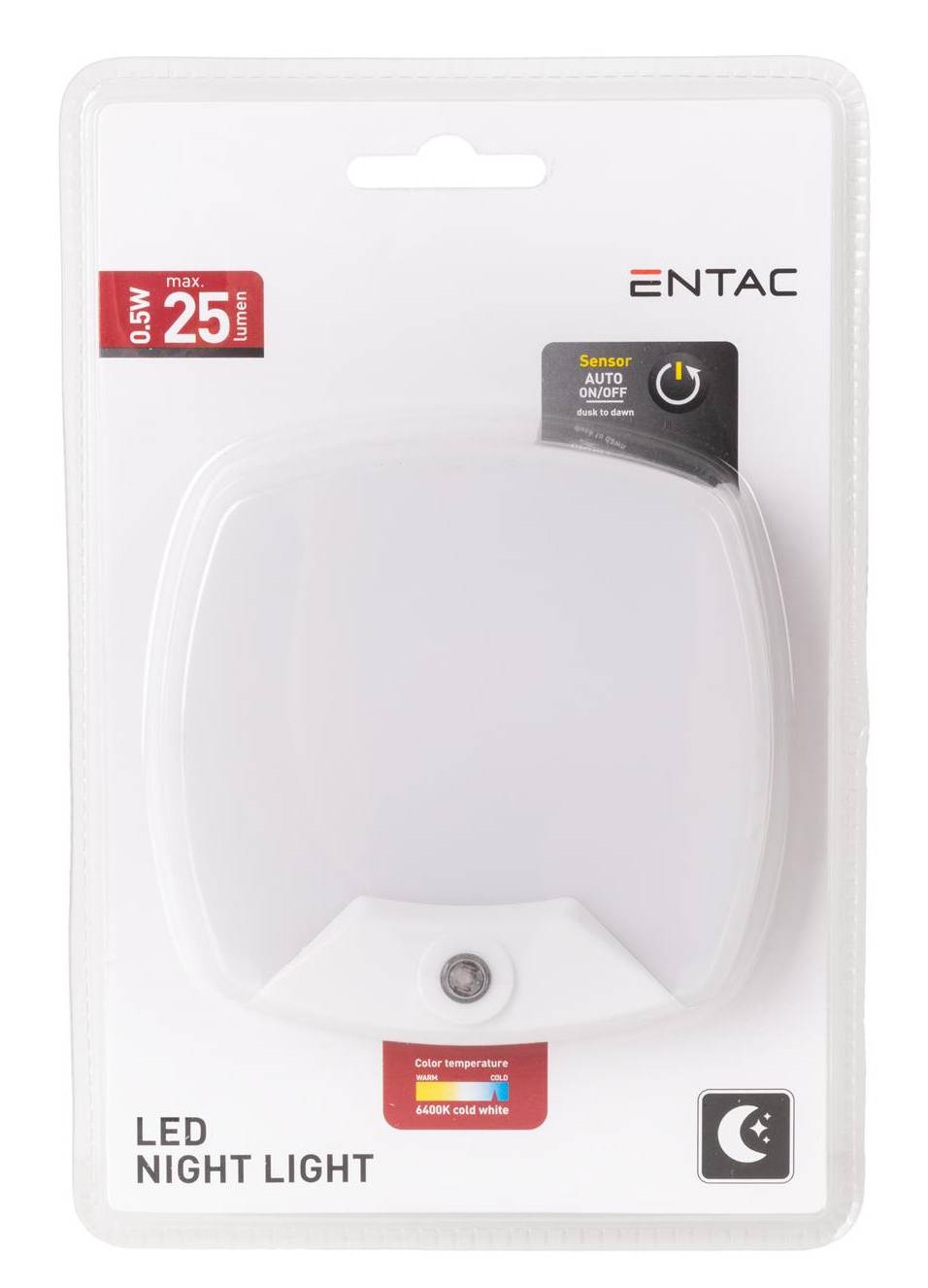 Packung einer ENTAC LED-Nachtleuchte mit Bewegungsmelder Automatik Ein/Aus, 0,5W max. 25 Lumen, Farbtemperatur 4000K kühles Weiß.