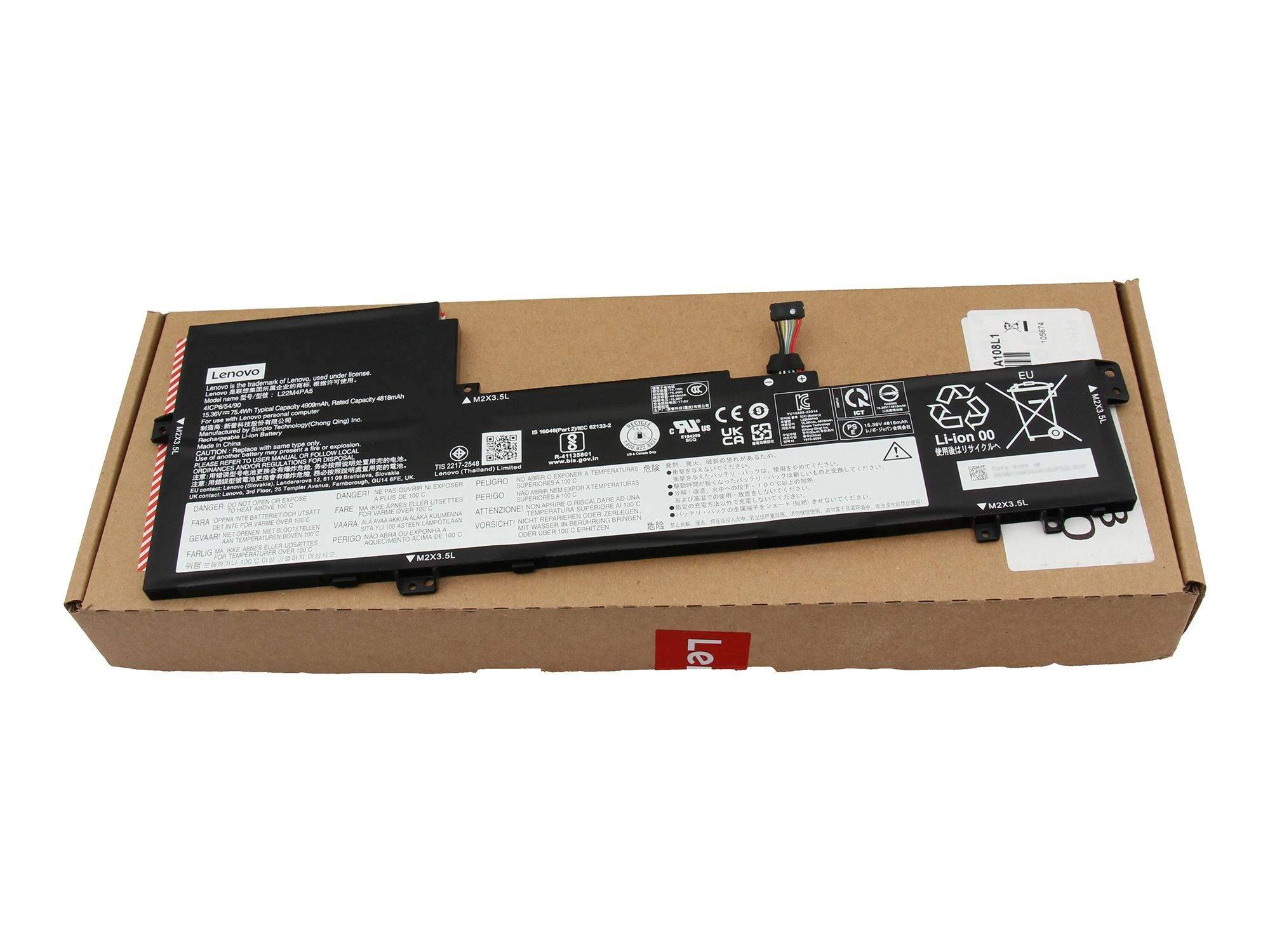 Lenovo-Laptop-Akku auf einem Kartonversandkarton ruhend, von oben auf weißem Hintergrund abgebildet.