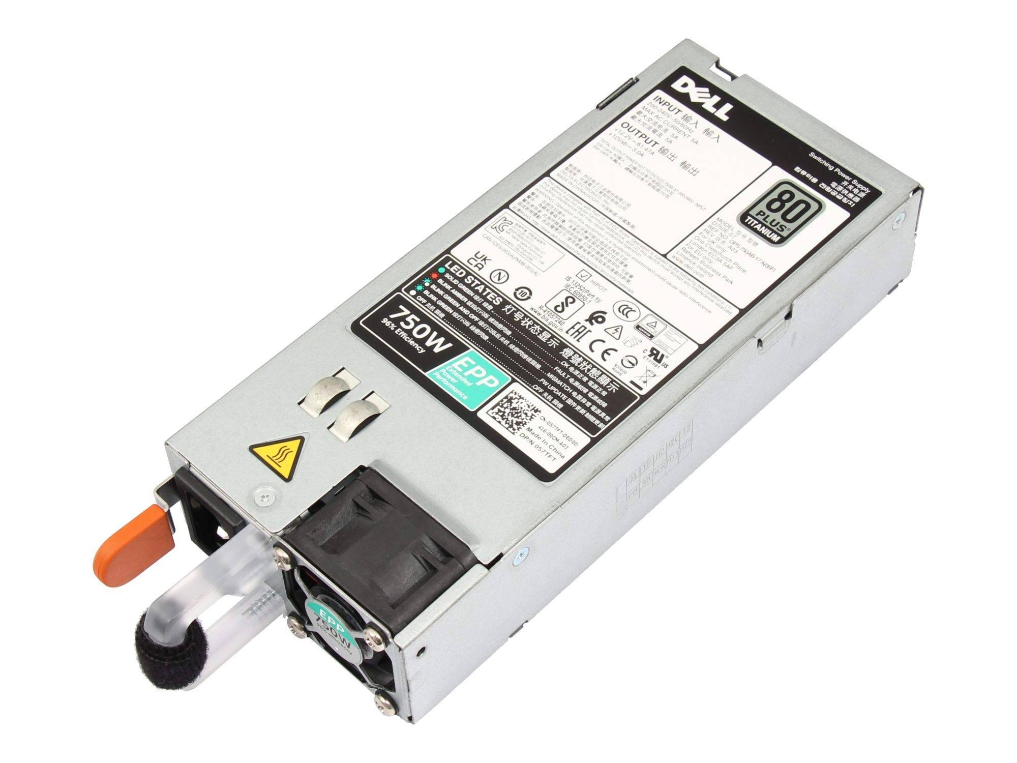 Dell 750W Hot-Swap-Stromversorgungsmodul mit Griff und Anschluss, dargestellt vor weißem Hintergrund.