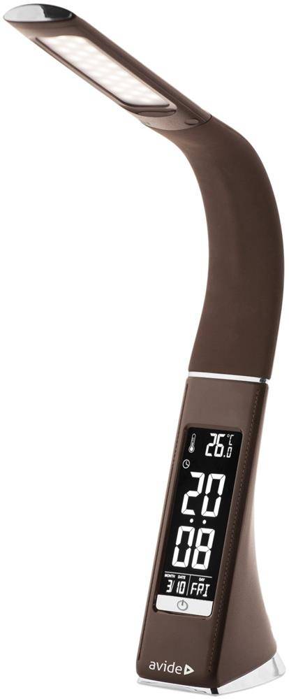 Braune verstellbare LED-Schreibtischlampe mit digitalem Display, das 20.0 und das Datum/die Uhrzeit „3 10 FRI