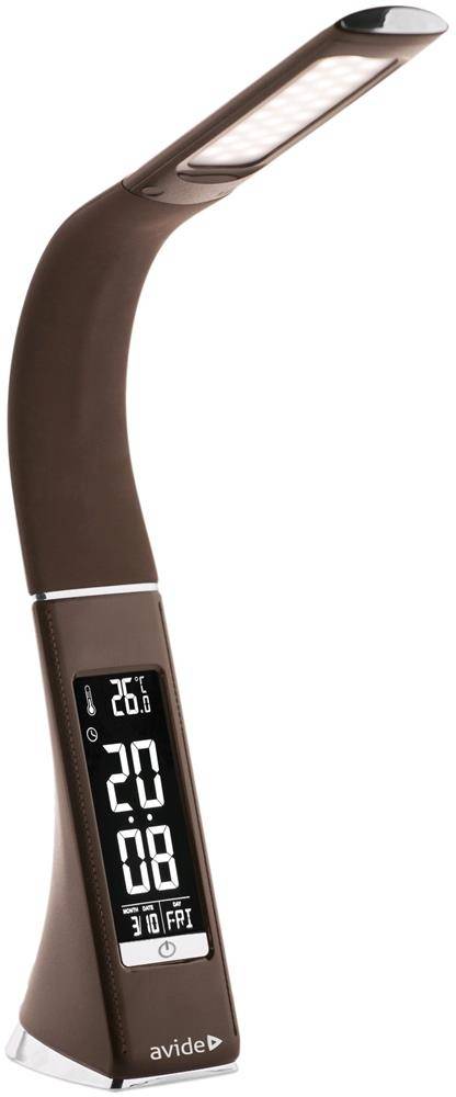 Braune LED-Schreibtischleuchte mit flexiblem Hals, beleuchtetes Lichtfeld und digitales Display mit Temperatur-, Zeit- und Datumsanzeige.