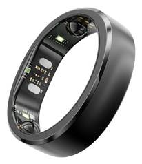 Schwarzer intelligenter Ring mit sichtbarer innerer Elektronik und Sensoren, in einer Winkelansicht auf weißem Hintergrund dargestellt.