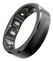 Schwarzer Smart-Ring mit sichtbarer interner Elektronik, in einer Schrägansicht auf weißem Hintergrund gezeigt.