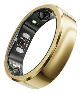 Goldener Smart Ring mit schwarzen inneren Sensoren und Komponenten, dargestellt auf weißem Hintergrund.