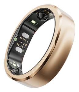 Gold-Smart-Ring mit freiliegender innerer Elektronik und Sensoren, dargestellt in einer produktstilisierten Nahaufnahme auf weißem Hintergrund.