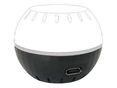 Tragbarer runder weiß-schwarzer Lautsprecher oder Lampe mit USB-Ladeanschluss an der Vorderseite.