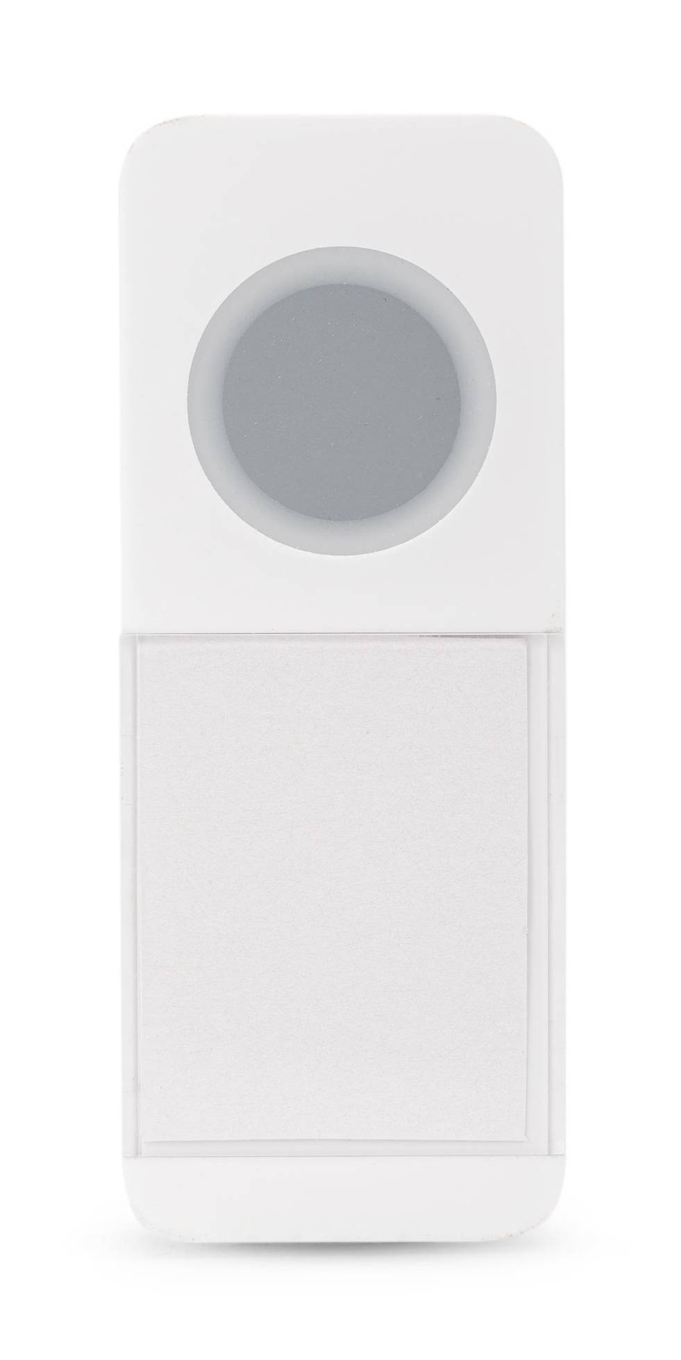 Weiß montierter Wandsensor oder Schalter mit einem kreisförmigen grauen Knopf über einer leeren rechteckigen Platte auf einfachem Hintergrund.