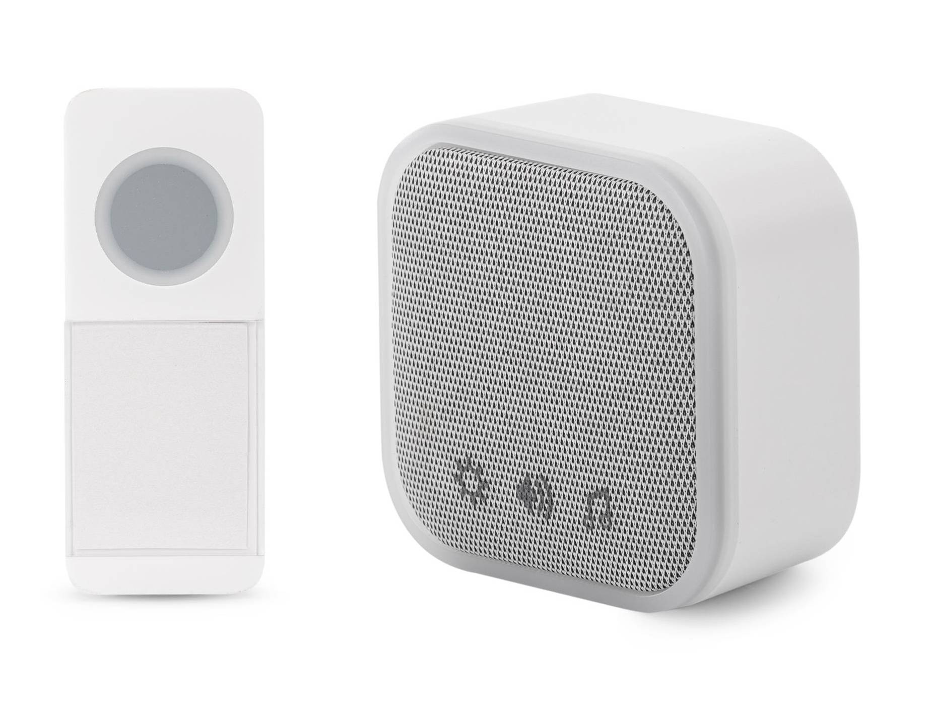 Zwei weiße Smart-Home-Geräte, die auf weißem Hintergrund gezeigt werden: Ein schlanker Sensor mit kreisförmiger Oberseite und rechteckigem unteren Bereich, sowie ein kompakter quadratischer Lautsprecher mit perforiertem Frontgitter.