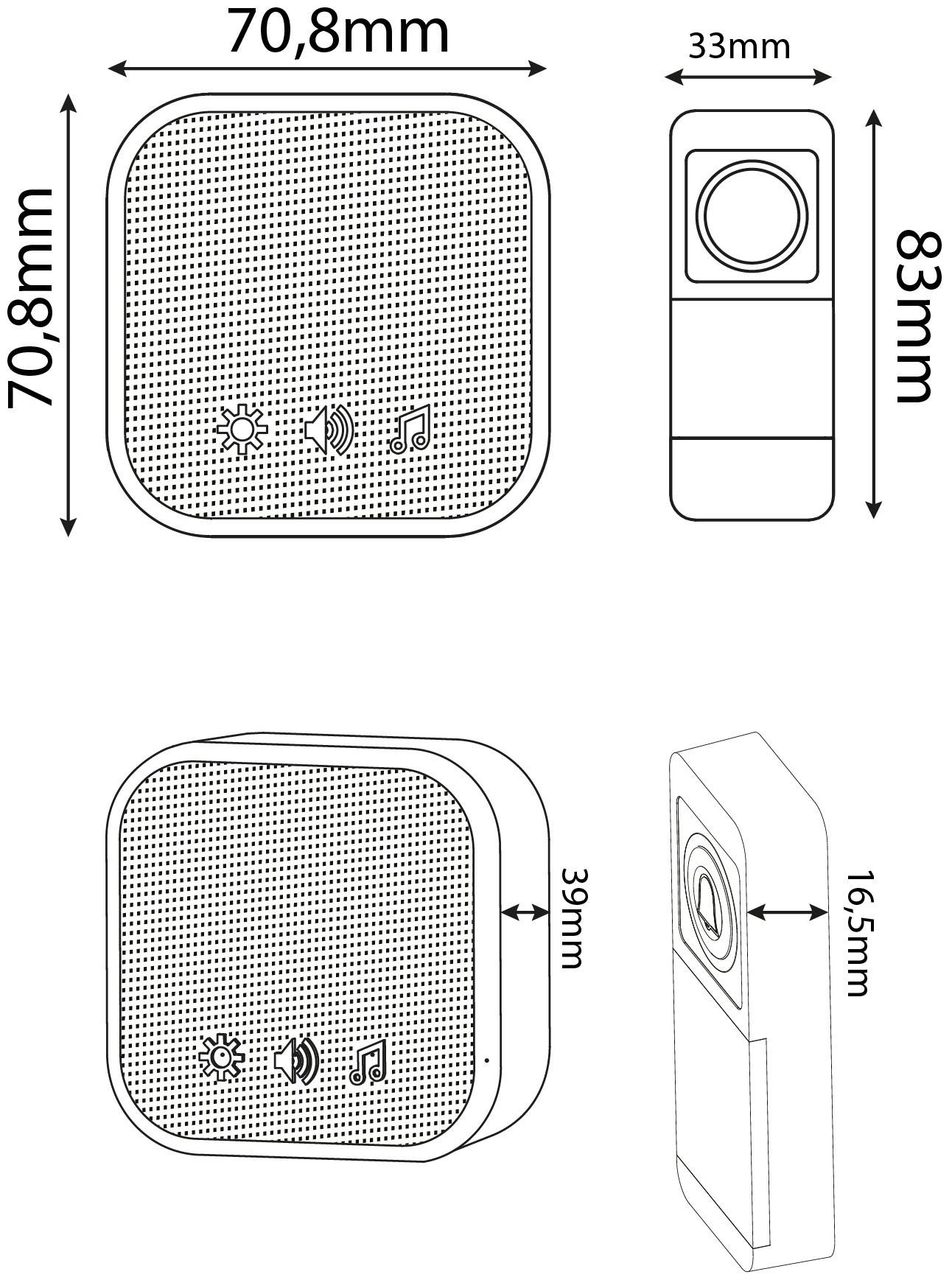 Diagramm eines kleinen quadratischen Lautsprechers mit Vorder-, Seiten- und schrägem Ansicht mit Abmessungen: 70,8 mm breit, 83 mm hoch, 33 mm tief und 16,5 mm Seitendetail.