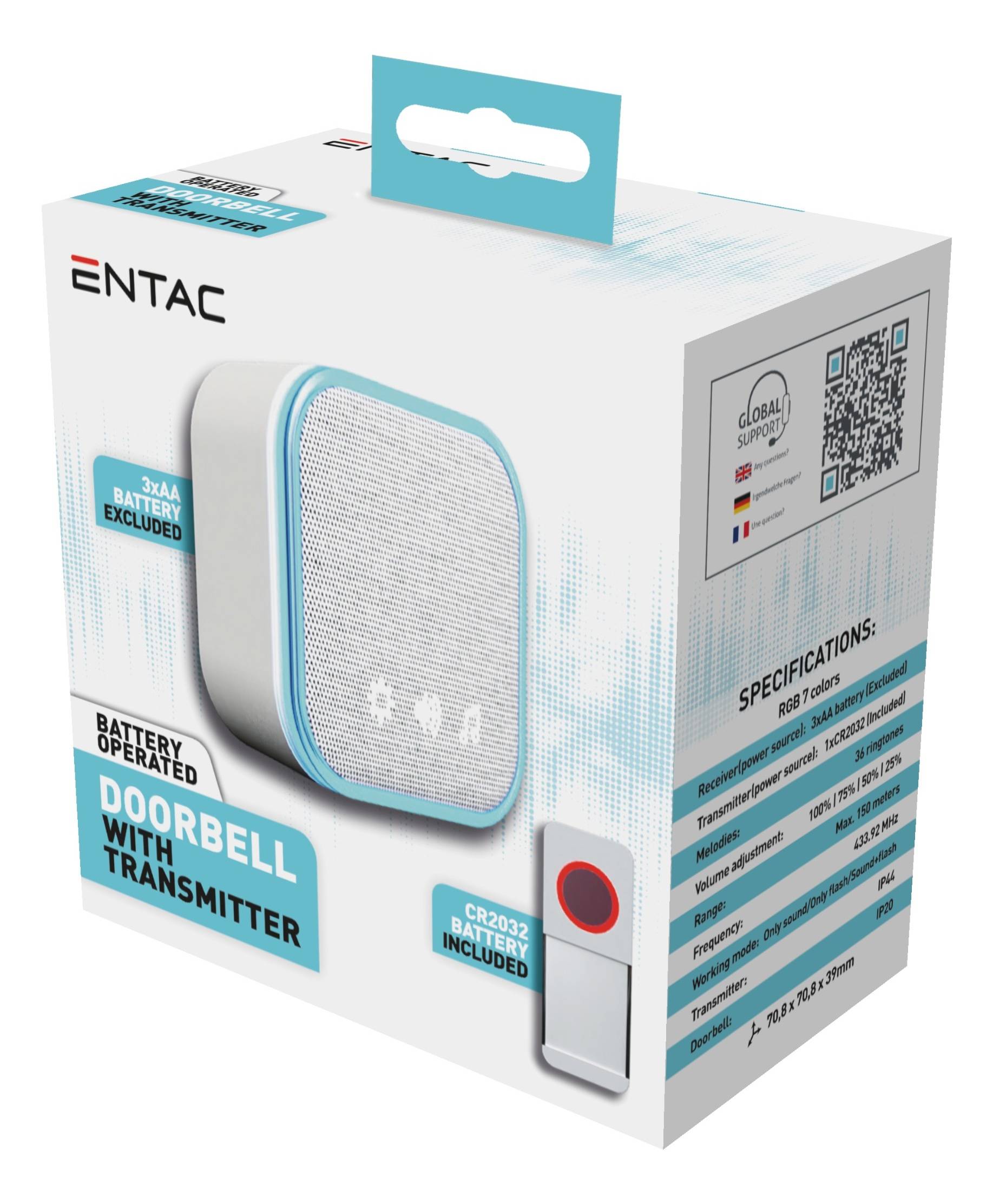Verpackte ENTAC batteriebetriebene Türklingel mit Sender, die einen weiß-grünen Türklingelknopf zeigt, CR2032-Batterie im Lieferumfang enthalten, und Produktspezifikationen auf der Verpackung.