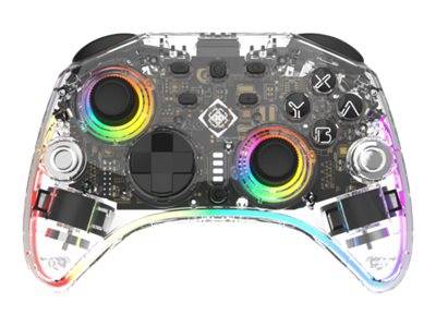 Transparenter Gaming-Controller mit RGB-beleuchteten analogen Sticks, schwarzen Tasten und sichtbarem internem Schaltkreis auf weißem Hintergrund.