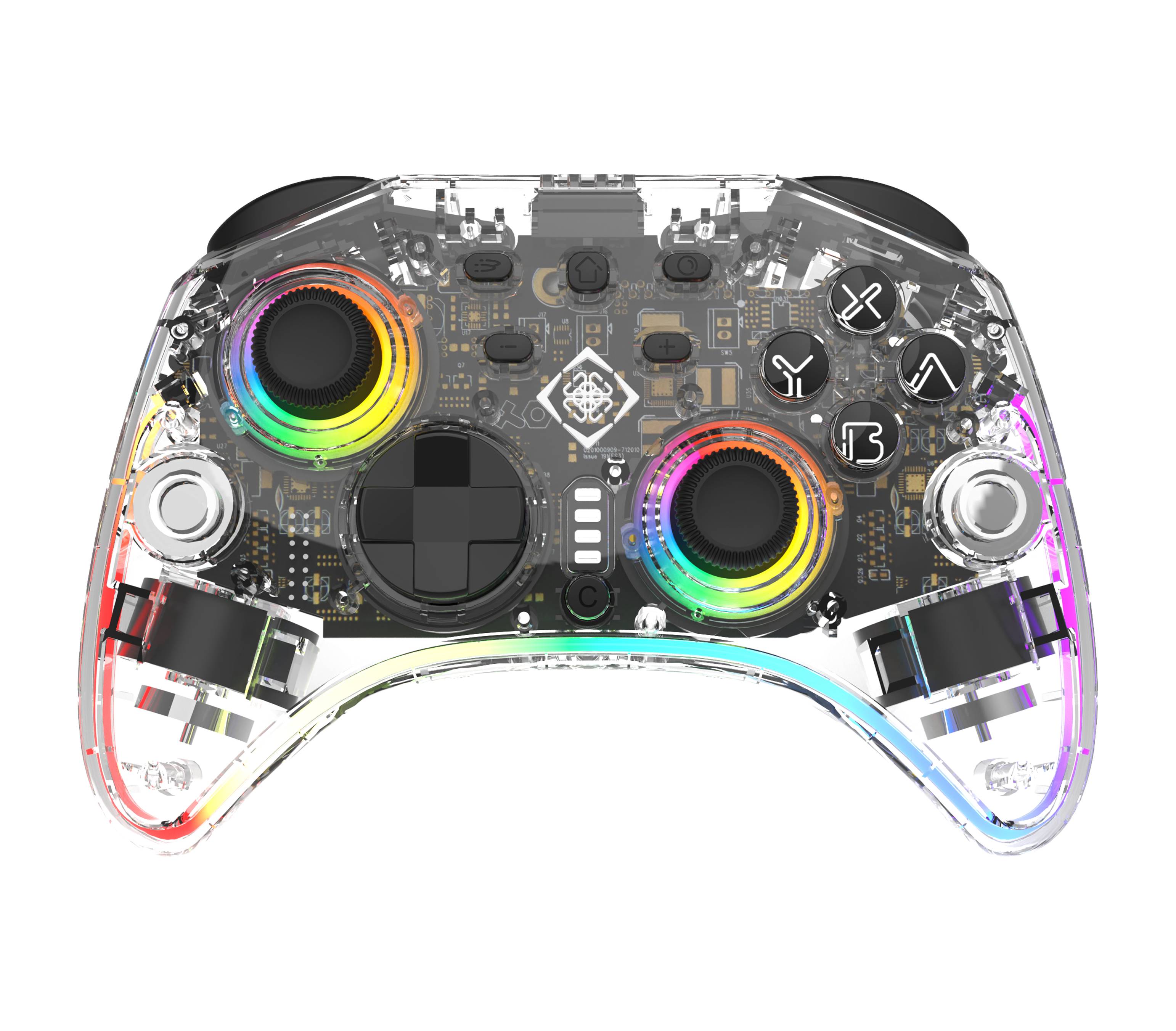 Durchsichtiger Xbox-ähnlicher Spielcontroller mit transparentem Gehäuse, regenbogenfarbig beleuchteten analogen Sticks, schwarzen Tasten und sichtbarer innerer Schaltung.