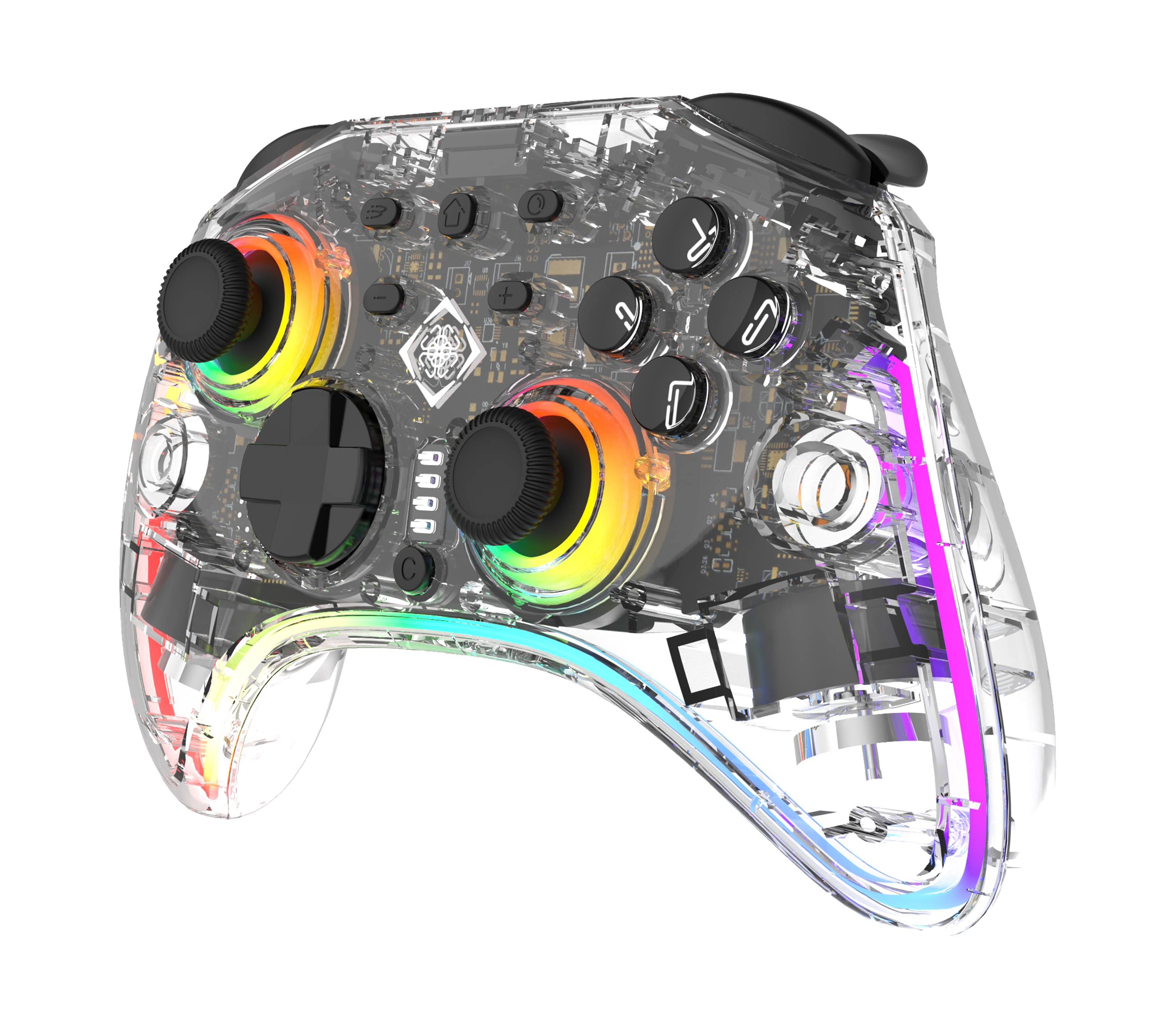 Transparenter futuristischer Spielecontroller mit RGB-beleuchteten Analog-Sticks, schwarzen Tasten und einem durchsichtigen Gehäuse auf weißem Hintergrund.