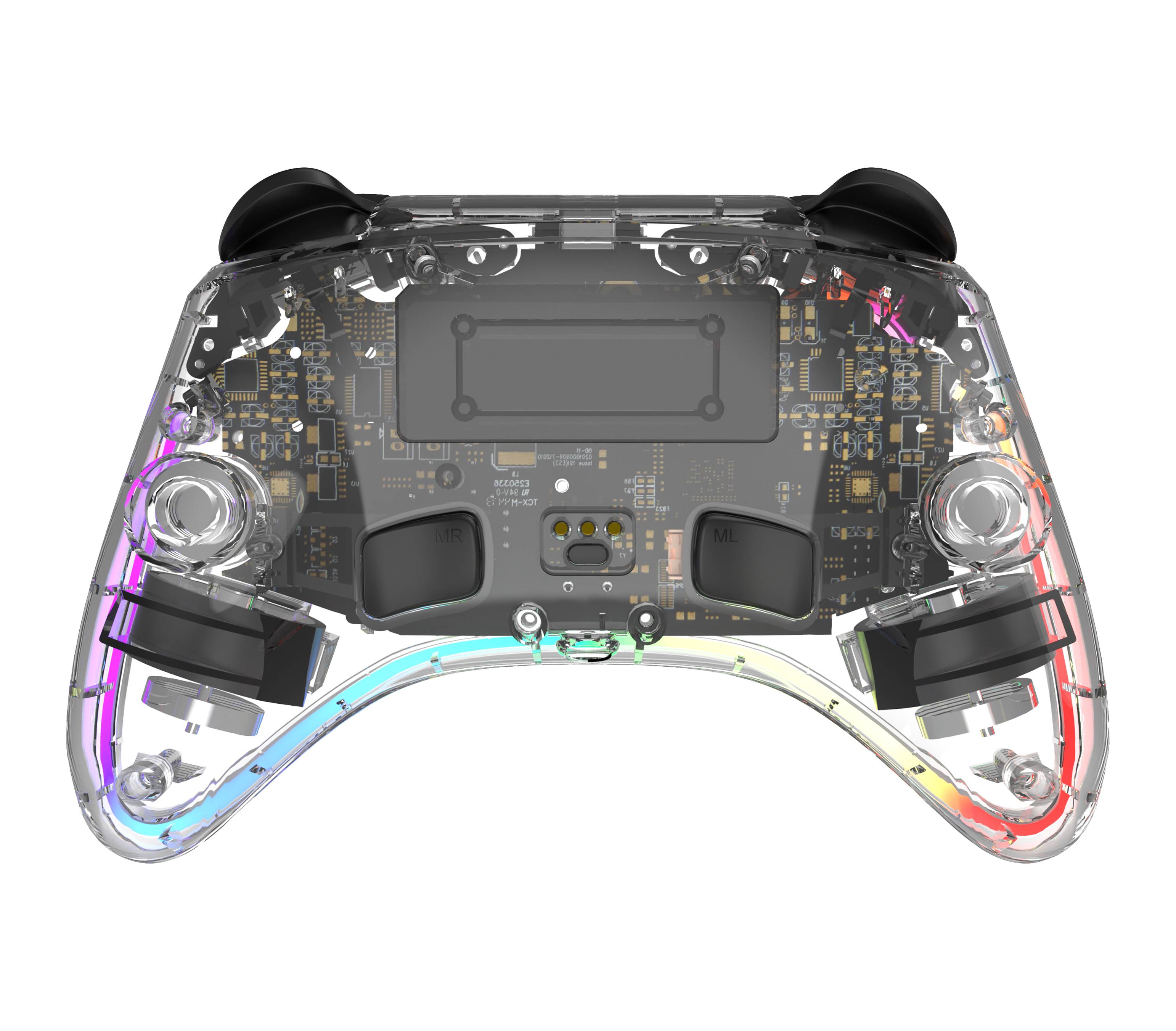 Transparenter Spielecontroller, der interne Schaltkreise, Sticks, Tasten und leuchtende Kantenbeleuchtung auf weißem Hintergrund zeigt.