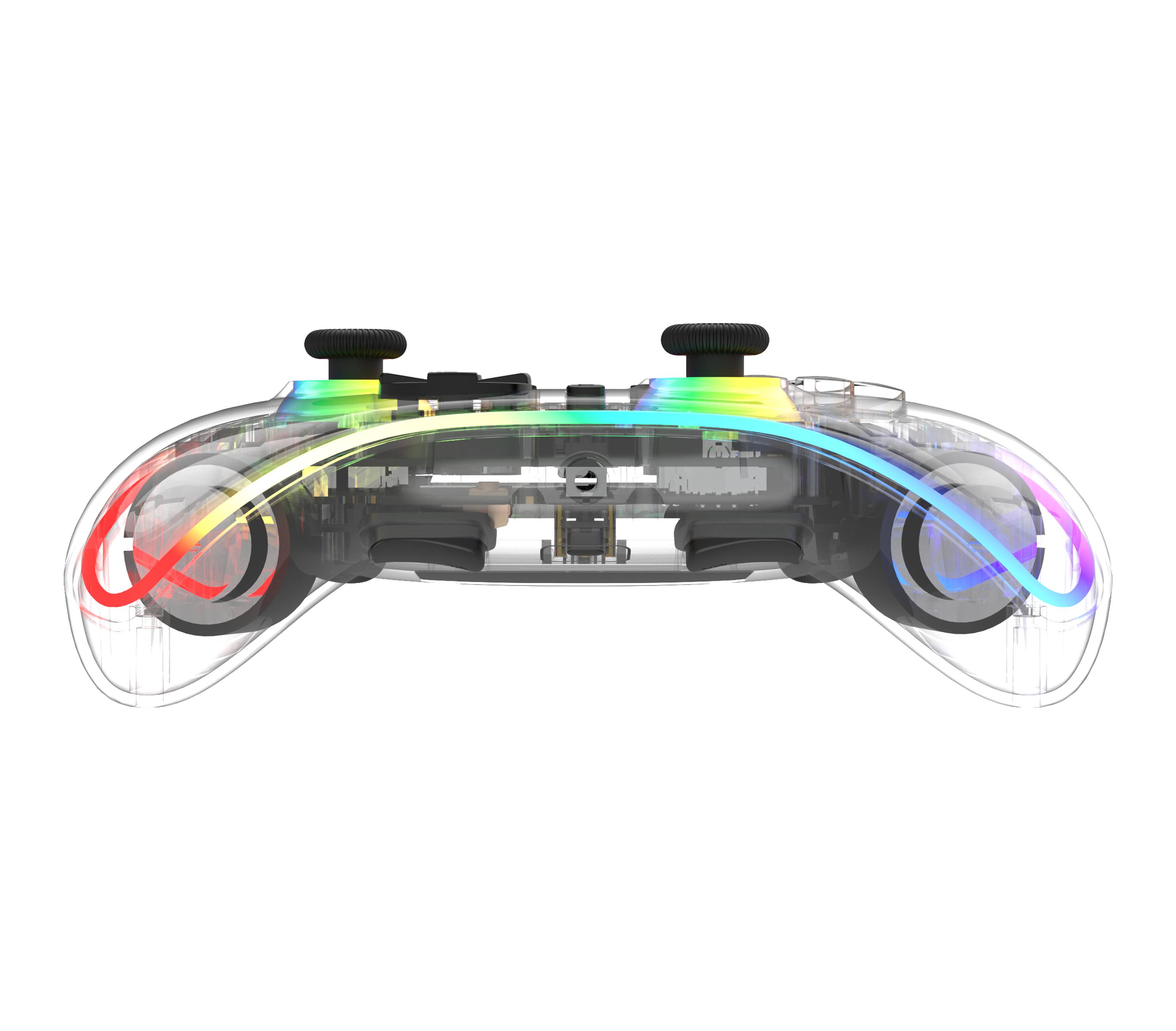 Transparenter Spielecontroller mit sichtbaren inneren Komponenten und regenbogenfarbigen Lichtpfaden um beide Griffe auf weißem Hintergrund.