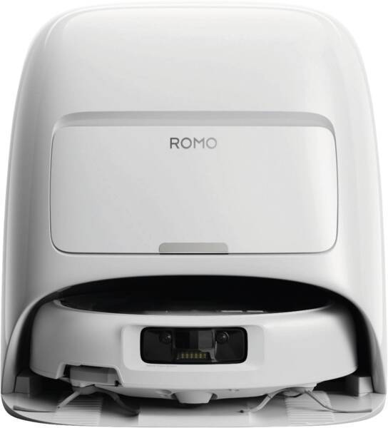 Romo Roboterstaubsauger mit Ladestation, von vorne dargestellt, mit sichtbarem „ROMO
