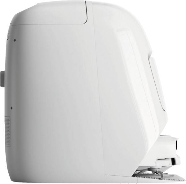 Seitenansicht eines weißen automatischen Toilettensitzes und einer Bidetanlage mit hochgeklapptem Deckel.