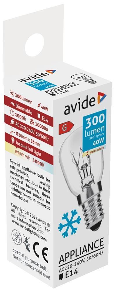 Avide 300 Lumen, 4W E14 Geräteglühbirne, Paket mit mattiertem Glühbirnenbild, dimmbar, 3000K warmweiß, 220-240V, CE-gekennzeichnet.