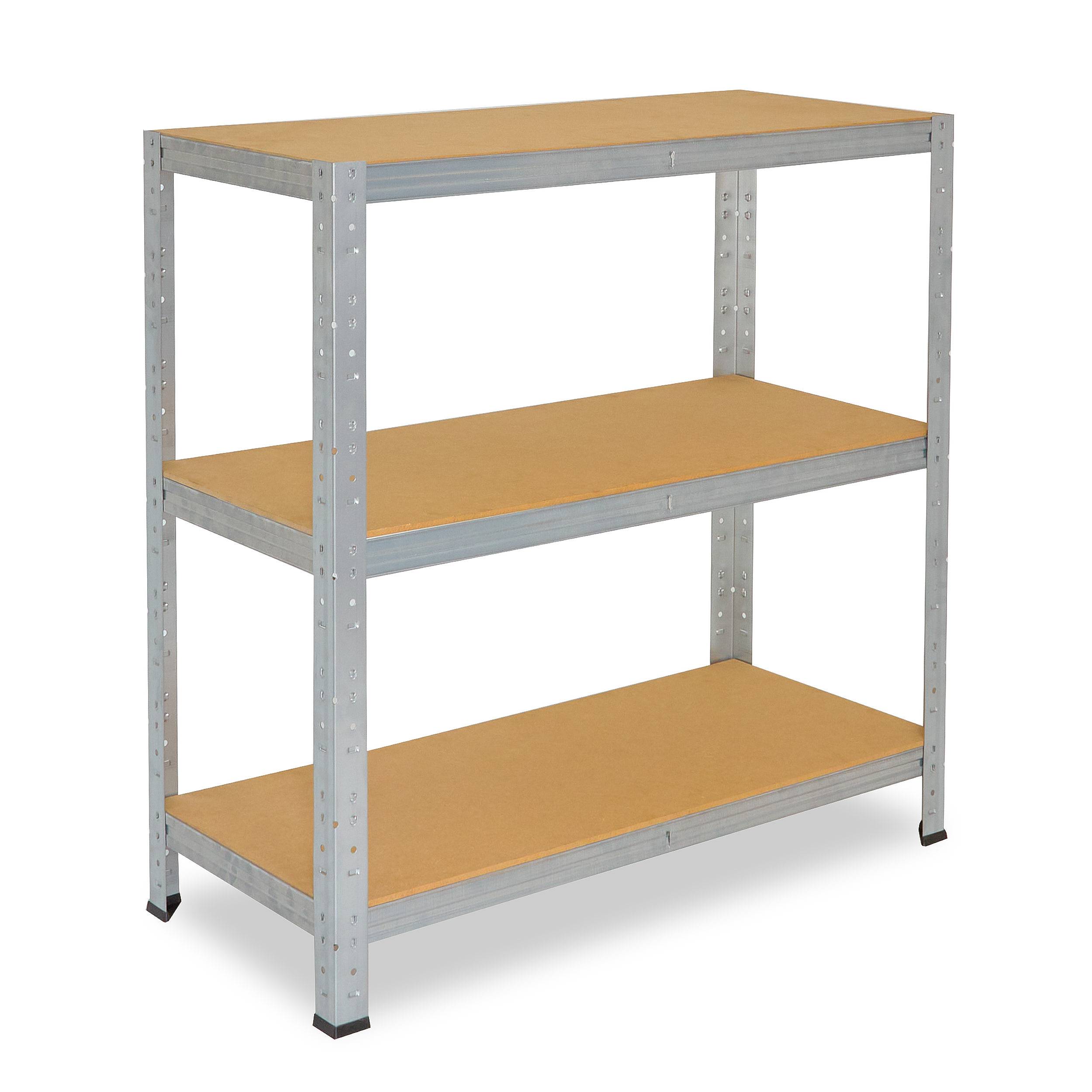 Dreistufiges Metallregal mit Holzböden, auf weißem Hintergrund dargestellt.