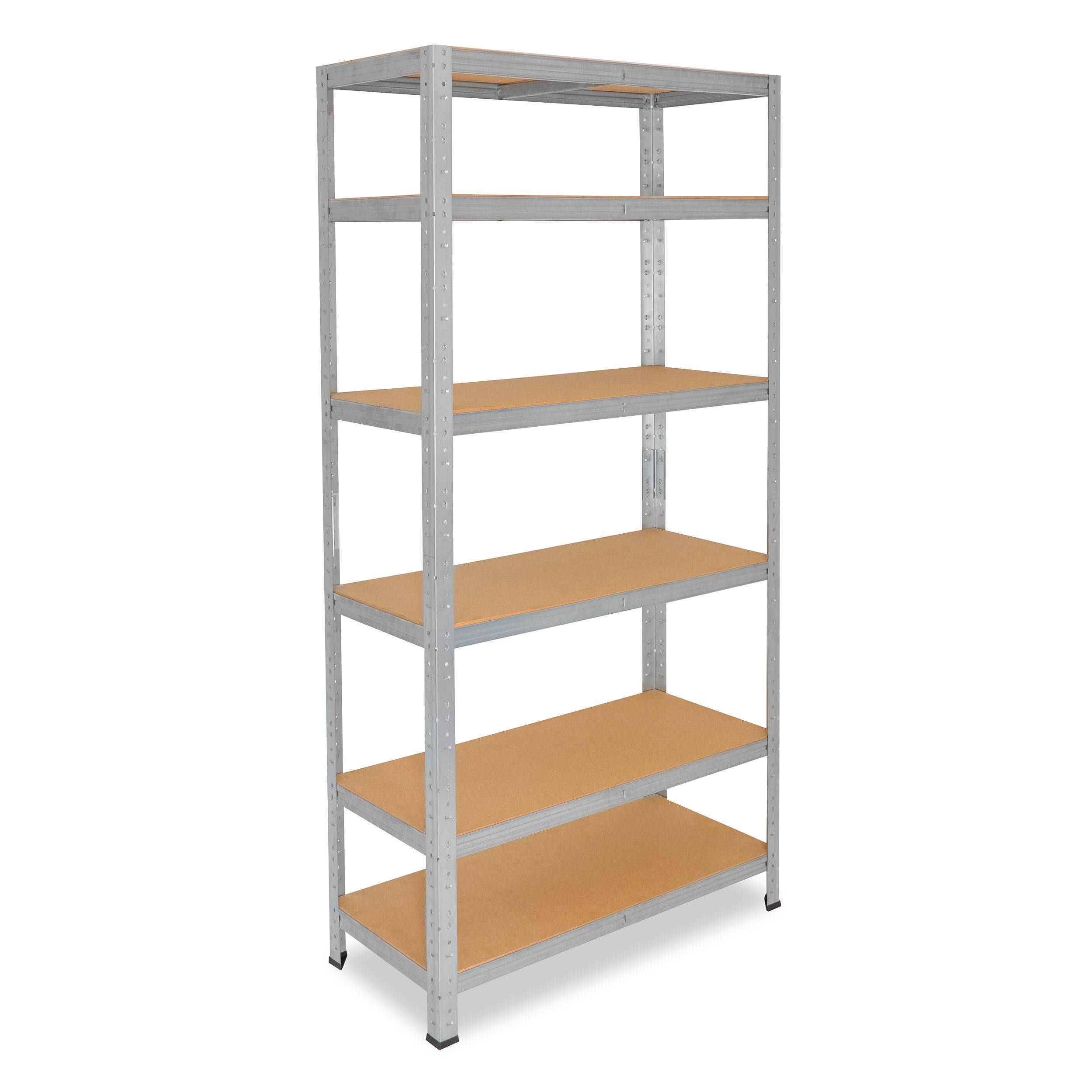 Hohes Metalllagersystem mit fünf Holzregalen auf weißem Hintergrund dargestellt.