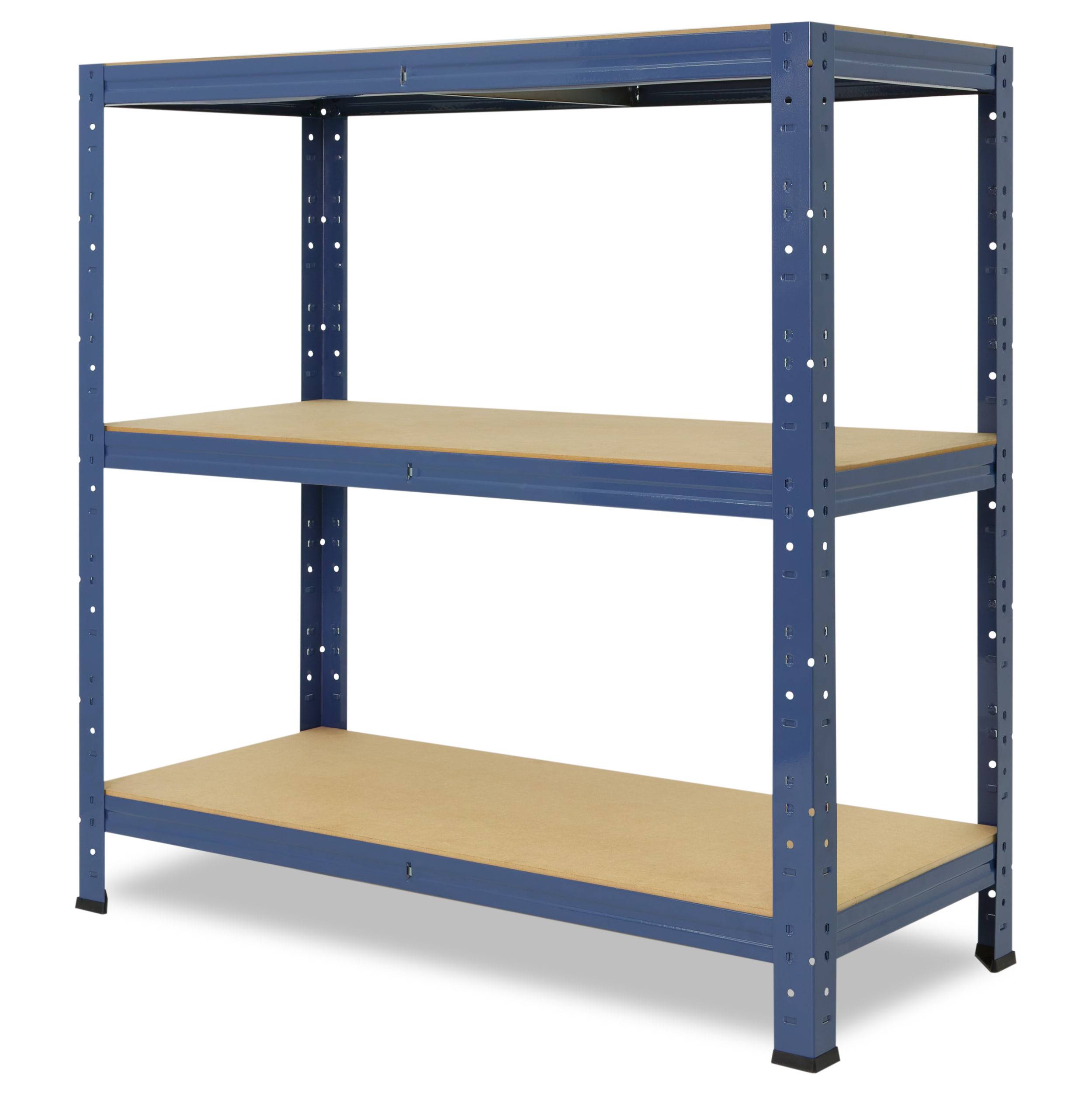 Blaues Metallregal mit zwei Holzregalen, shown auf weißem Hintergrund.